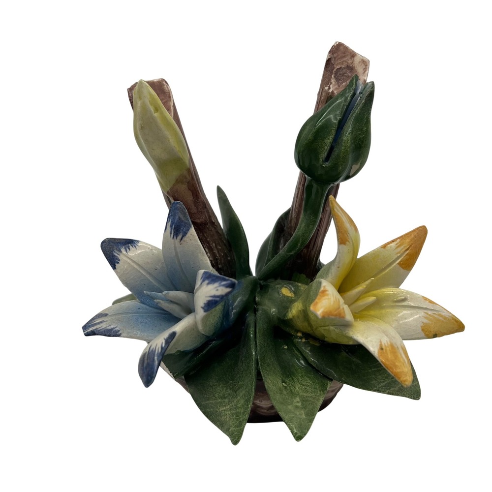Capodimonte Porcelain Flower Figurine Made in Italy Blue Yellow Lilies Basket